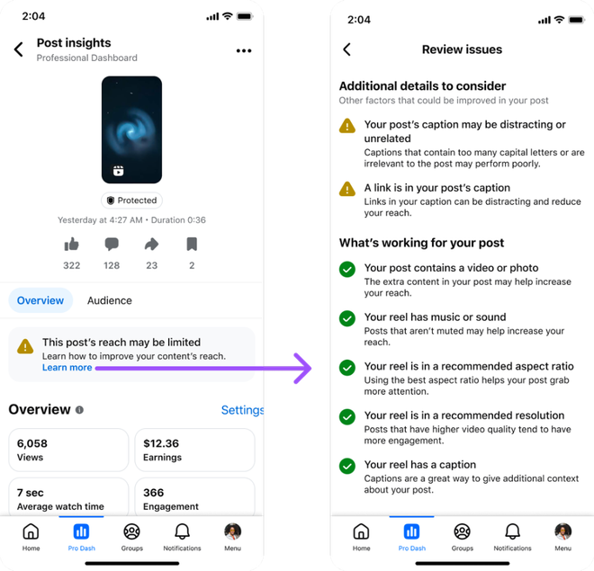 Meta cũng ra mắt tính năng phân tích chi tiết từng bài đăng (post-level insights) trên Professional Dashboard, giúp người dùng hiểu rõ lý do nội dung bị hạn chế hiển thị. 2.png