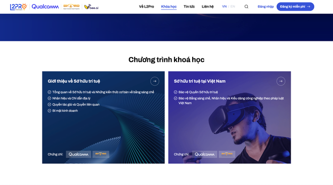 Schnittstelle der gemeinnützigen Online-Schulungsplattform für geistiges Eigentum von L2Pro Vietnam. (Screenshot) screenshot-2025-10-16-at-134301.png