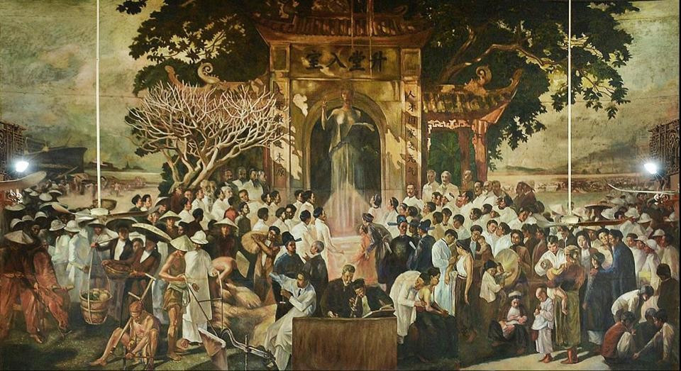 Bức tranh của Victor Tardieu ở giảng đường lớn Đại học Đông Dương nay là Hội trường Ngụy Như Kon Tum, Đại học Khoa học Tự nhiên, Hà Nội. (Ảnh: CTV/Vietnam+)