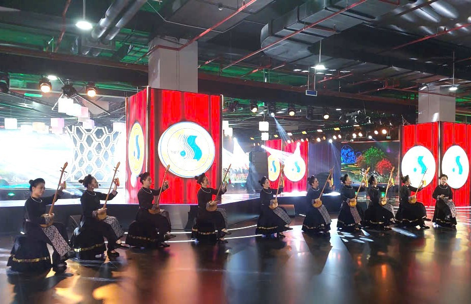 Các nghệ sỹ biểu diễn đàn tính tại sân khấu trung tâm của không gian 12 ngành công nghiệp văn hóa. (Ảnh: Minh Thu/Vietnam+) 