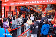 Nhiều người dân xếp hàng từ sáng sớm mua vàng ngày Vía Thần Tài. (Ảnh: Vietnam+)