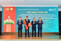 Thống đốc trao Quyết định chuẩn y Bí thư Đảng ủy BIDV cho Chủ tịch HĐQT BIDV Lê Ngọc Lâm. (Ảnh: Vietnam+)