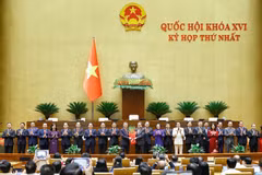 Chủ tịch Quốc hội Trần Thanh Mẫn tặng hoa chúc mừng Thủ tướng, Phó Thủ tướng Chính phủ, Bộ trưởng và thành viên khác của Chính phủ nhiệm kỳ 2026-2031. (Ảnh: Doãn Tấn/TTXVN)