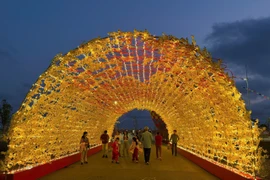 Không gian Tết Xuân Cần Giờ thu hút khách tham quan chụp hình ghi lại những khoảnh khắc đẹp. (Ảnh: PV/Vietnam+)