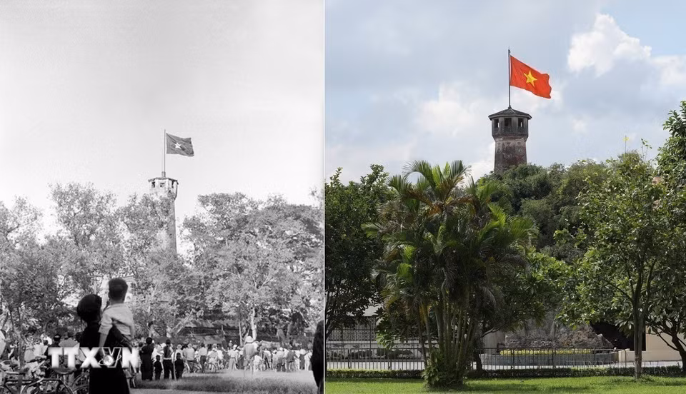 Cột cờ Hà Nội, có tuổi đời hơn 200 năm, là công trình lịch sử đặc biệt trong Quần thể di tích Hoàng thành Thăng Long. Không chỉ là biểu tượng của Thủ đô, Cột cờ Hà Nội còn là chứng tích cho một thời kháng chiến oanh liệt, dấu ấn kiên cường, bất khuất của các thế hệ người dân đất Hà thành. Trong ngày Giải phóng Thủ đô 10/10/1954, Lễ thượng cờ Tổ quốc trên đỉnh “Cột cờ Hà Nội” đã trở thành giây phút thiêng liêng với người dân Thủ đô. (Ảnh: Tư liệu TTXVN)