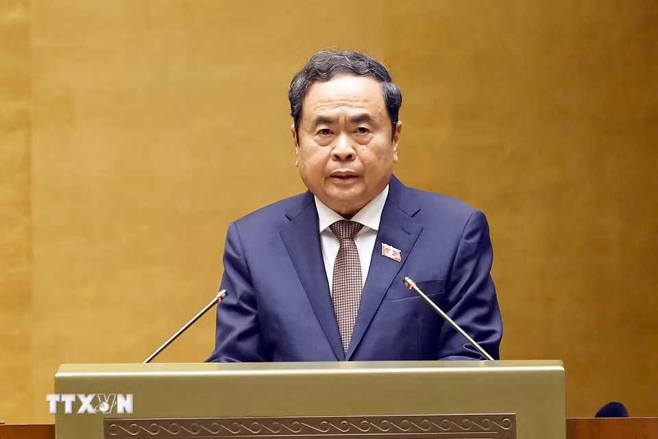Chủ tịch Quốc hội Trần Thanh Mẫn phát biểu bế mạc Kỳ họp không thường lệ thứ nhất, Quốc hội khóa XVI. (Ảnh: Doãn Tấn/TTXVN)