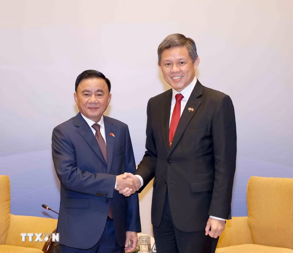 Phó Tổng Thư ký Đảng Hành động Nhân dân Singapore, Bộ trưởng Bộ Quốc phòng kiêm Bộ trưởng Điều phối dịch vụ công Chan Chun Sing đón Ủy viên Bộ Chính trị, Thường trực Ban Bí thư Trần Cẩm Tú. (Ảnh: Phương Hoa/TTXVN)