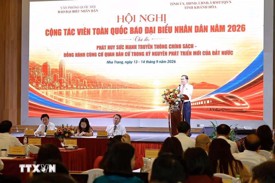 Chủ tịch Quốc hội Trần Thanh Mẫn phát biểu chỉ đạo tại Hội nghị Cộng tác viên toàn quốc Báo Đại biểu Nhân dân 2026 với chủ đề “Phát huy sức mạnh truyền thông chính sách - đồng hành cùng cơ quan dân cử trong kỷ nguyên phát triển mới của đất nước.” (Ảnh: Doãn Tấn/TTXVN)