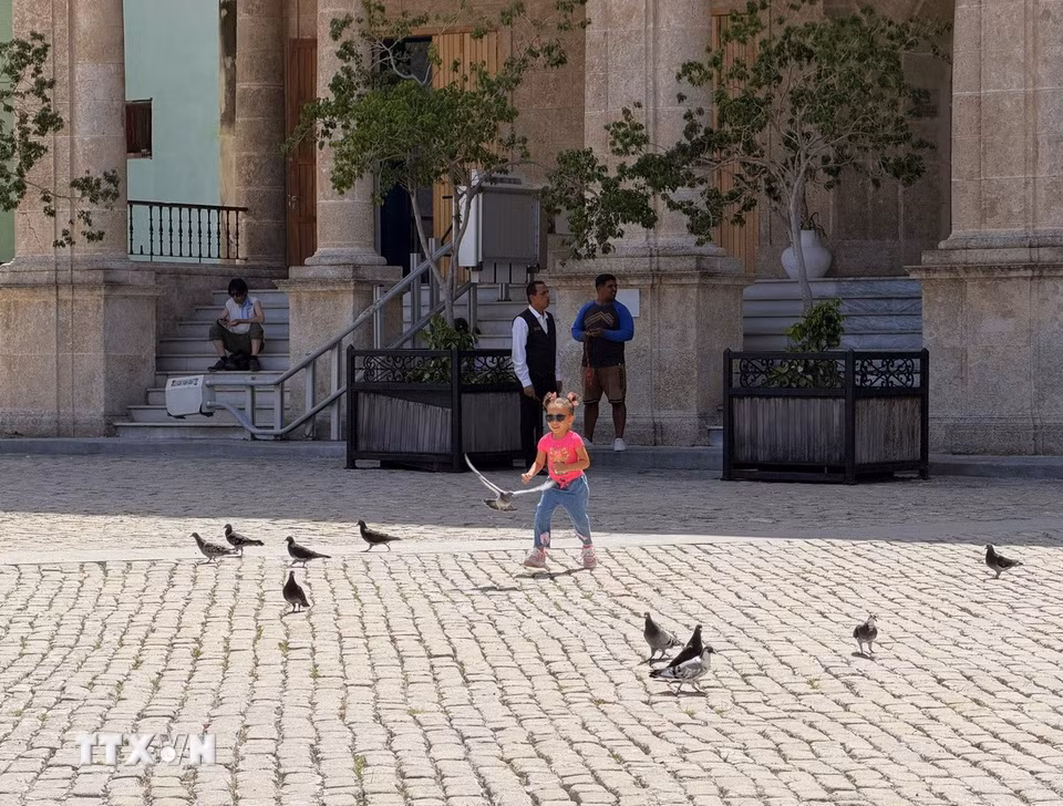 Em nhỏ thích thú đuổi theo những chú bồ câu trên Quảng trường Chim bồ câu ở La Habana. (Ảnh: Ngọc Duy/TTXVN)