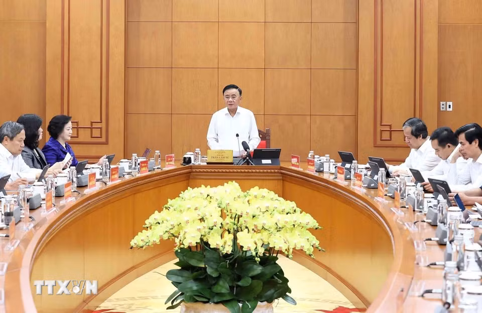 Đồng chí Trần Cẩm Tú, Ủy viên Bộ Chính trị, Bí thư Trung ương Đảng, Thường trực Ban Bí thư, phát biểu. (Ảnh: An Đăng/TTXVN)