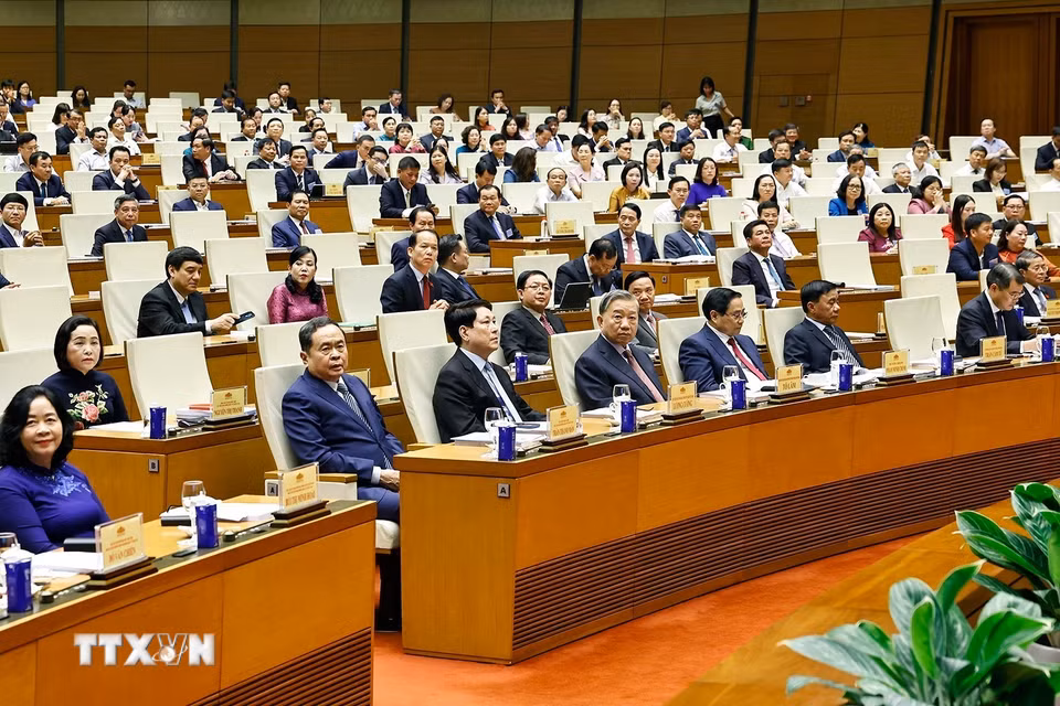 Tổng Bí thư Tô Lâm và các lãnh đạo Đảng, Nhà nước dự Hội nghị. (Ảnh: Doãn Tấn/TTXVN)