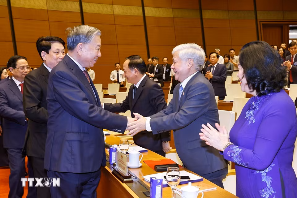 Tổng Bí thư Tô Lâm và các lãnh đạo Đảng, Nhà nước dự Hội nghị. (Ảnh: Doãn Tấn/TTXVN)