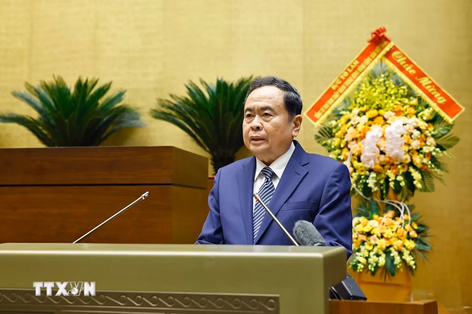 Chủ tịch Quốc hội Trần Thanh Mẫn, Chủ tịch Hội đồng Bầu cử quốc gia phát biểu. (Ảnh: Doãn Tấn/TTXVN)