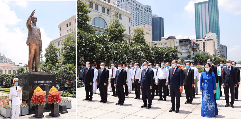 Chủ tịch nước Nguyễn Xuân Phúc dâng hoa tại Công viên Tượng đài Chủ tịch Hồ Chí Minh. (Ảnh: Thống Nhất/TTXVN) 