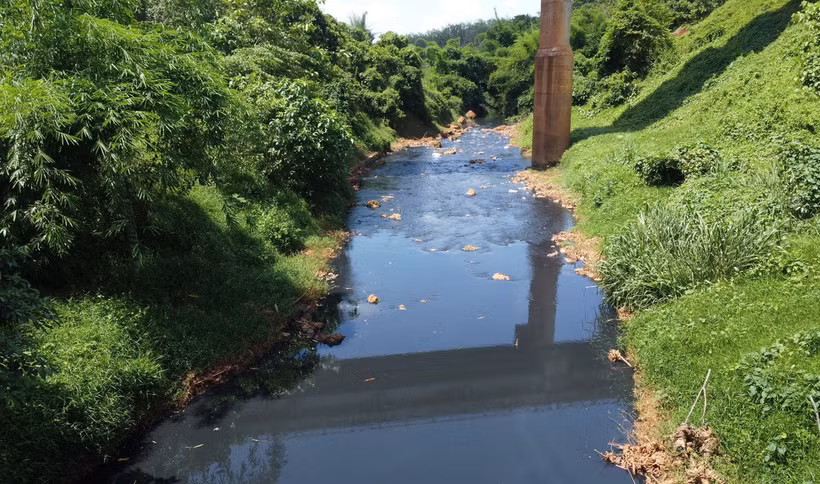 Nước Suối Tân chuyển thành màu đen, đặc quánh, bốc mùi hôi nồng nặc kéo dài hàng chục cây số. (Ảnh: Đậu Tất Thành/TTXVN)