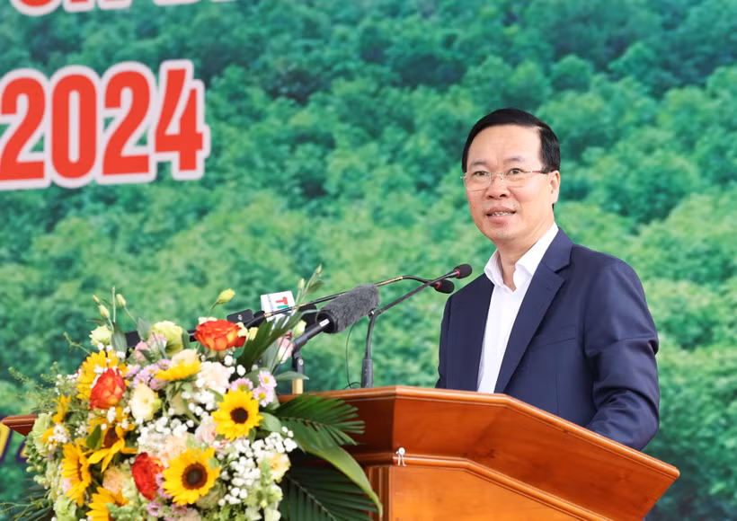 Chủ tịch nước Võ Văn Thưởng phát biểu tại Lễ phát động Tết trồng cây “Đời đời nhớ ơn Bác Hồ” Xuân Giáp Thìn 2024. (Ảnh: Thống Nhất/TTXVN)