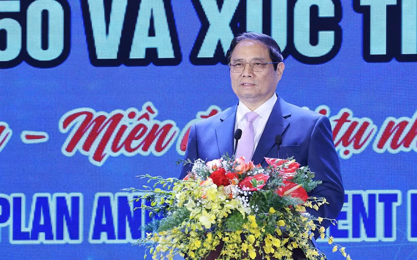 Thủ tướng Phạm Minh Chính phát biểu tại Hội nghị công bố quy hoạch tỉnh Ninh Thuận. (Ảnh: Dương Giang/TTXVN)