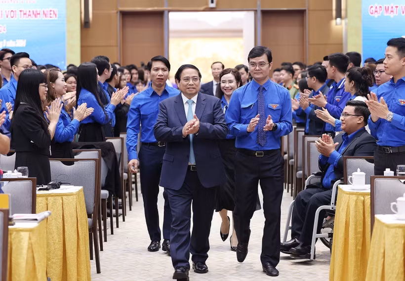 Thủ tướng Phạm Minh Chính đến dự cuộc gặp mặt và đối thoại với thanh niên năm 2024. (Ảnh: Dương Giang/TTXVN)