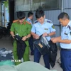 Lực lượng chức năng kiểm tra các sản phẩm may mặc giả mạo các nhãn hàng lớn. (Ảnh: Đức Phương/TTXVN)