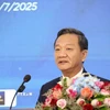 Đại sứ Việt Nam tại Lào Nguyễn Minh Tâm phát biểu khai mạc Hội thảo. (Ảnh: Xuân Tú/TTXVN)
