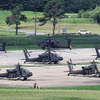 Trực thăng Apache đậu tại Trại Humphreys ở Pyeongtaek, cách Seoul khoảng 60 km về phía nam, một ngày trước cuộc tập trận Ulchi Freedom Shield vào Chủ Nhật. (Nguồn: Yonhap)