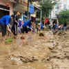 Các lực lượng thanh niên tình nguyện được huy động để giúp dân dọn dẹp nhà ở, vệ sinh đường phố. (Ảnh: TTXVN)