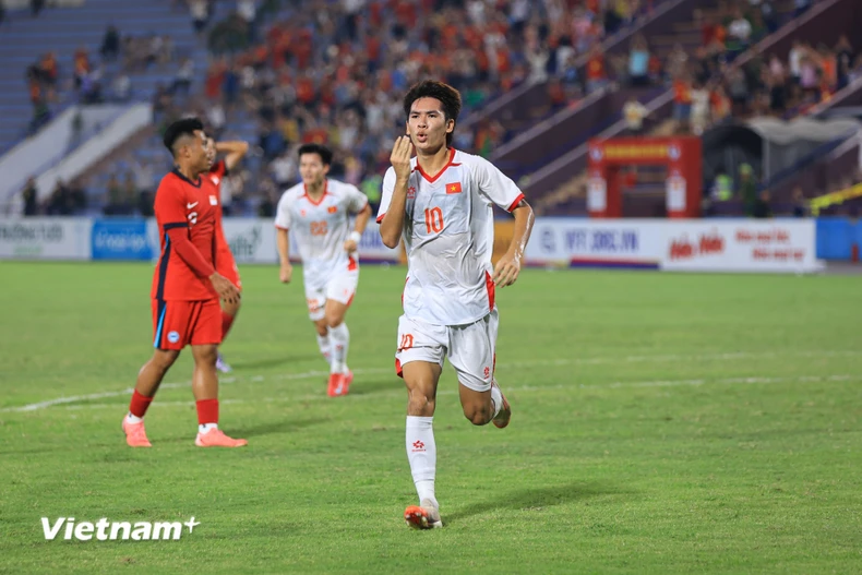 U23 Việt Nam chiến thắng và có cơ hội lớn giành vé dự vòng chung kết U23 châu Á 2026. (Ảnh: Việt Anh/Vietnam+)