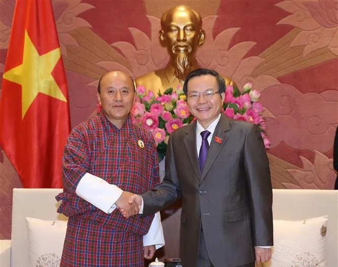 Phó Chủ tịch Phùng Quốc Hiển tiếp Kiểm toán Nhà nước Buhtan Tshering Kezang. (Ảnh: Dương Giang/TTXVN)