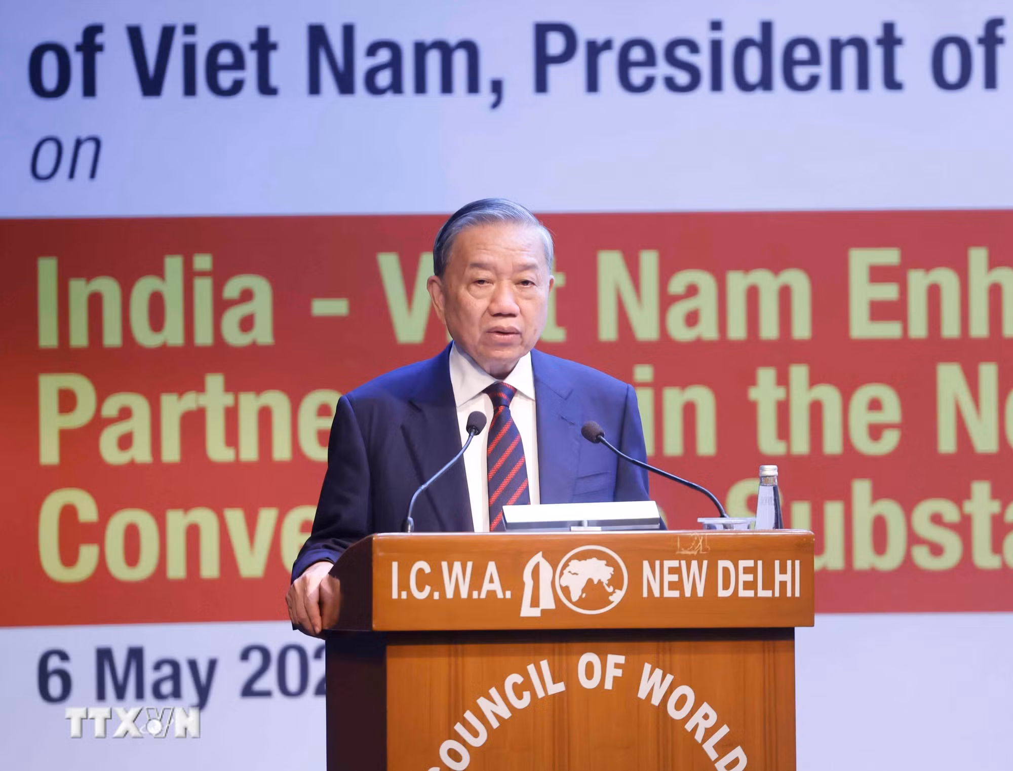 Tổng Bí thư, Chủ tịch nước Tô Lâm phát biểu chính sách tại Hội đồng Ấn Độ về các vấn đề thế giới. (Ảnh: Thống Nhất/TTXVN)