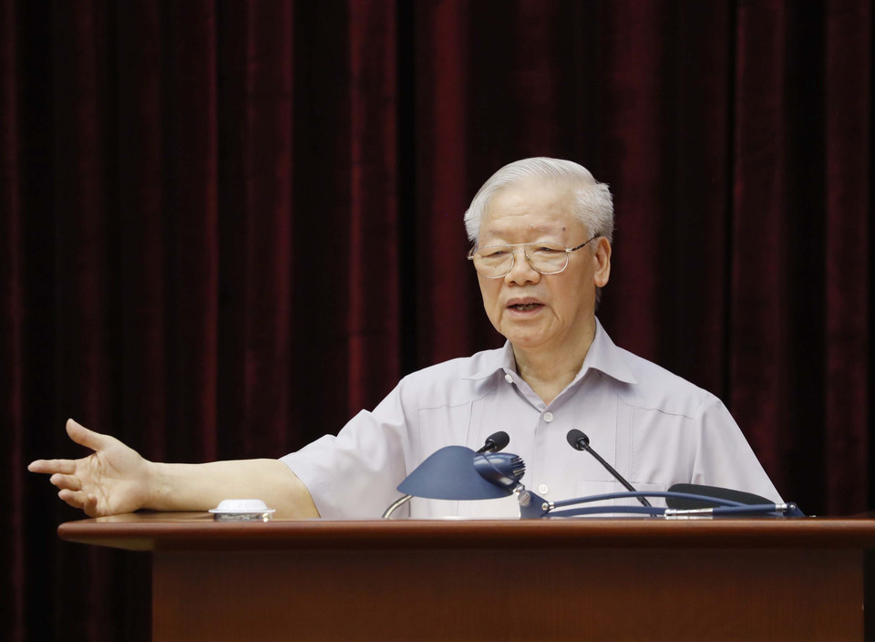 Tổng Bí thư Nguyễn Phú Trọng, Trưởng Ban Chỉ đạo Trung ương về phòng, chống tham nhũng, tiêu cực phát biểu chỉ đạo hội nghị. (Ảnh: Phương Hoa/TTXVN)