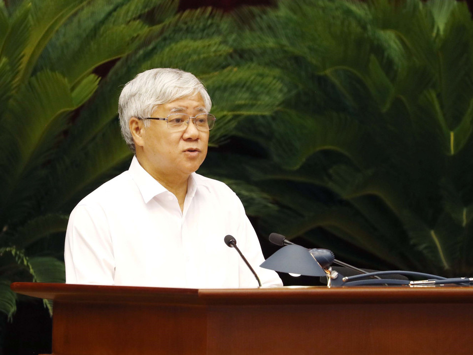 Ông Đỗ Văn Chiến, Bí thư Trung ương Đảng, Chủ tịch Ủy ban Trung ương Mặt trận Tổ quốc Việt Nam tham luận tại hội nghị. (Ảnh: Phương Hoa/TTXVN)