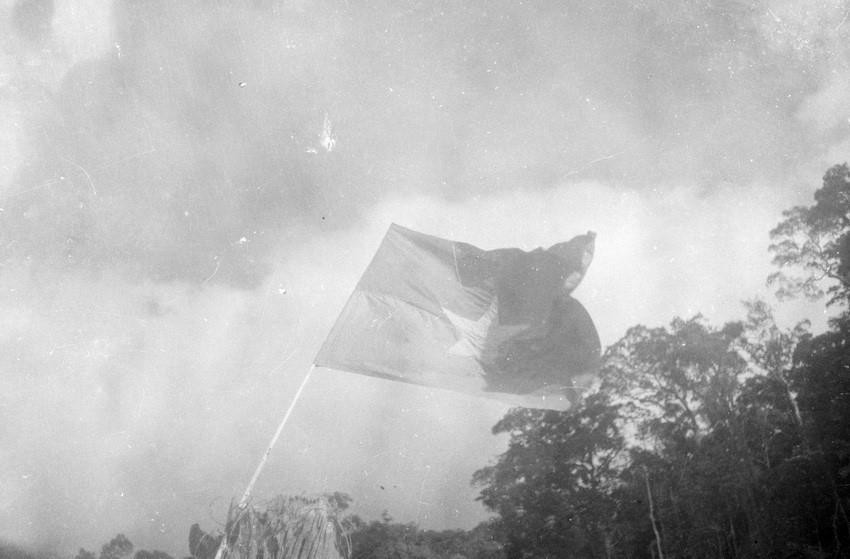 Mặt trận Dân tộc Giải phóng miền Nam Việt Nam chọn lá cờ nửa màu xanh, nửa màu đỏ, giữa có ngôi sao vàng năm cánh làm cờ của Mặt trận. Nửa trên (màu đỏ) đại diện cho miền Bắc đã độc lập. Nửa dưới (màu xanh dương) tượng trưng cho miền Nam chưa được độc lập, còn dưới ách đô hộ của đế quốc Mỹ và chính quyền Ngô Đình Diệm. Trong ảnh: Một ngọn cờ bách chiến, bách thắng của Mặt trận Dân tộc Giải phóng miền Nam Việt Nam phấp phới tung bay trên bầu trời miền Nam. (Ảnh: TTXVN)