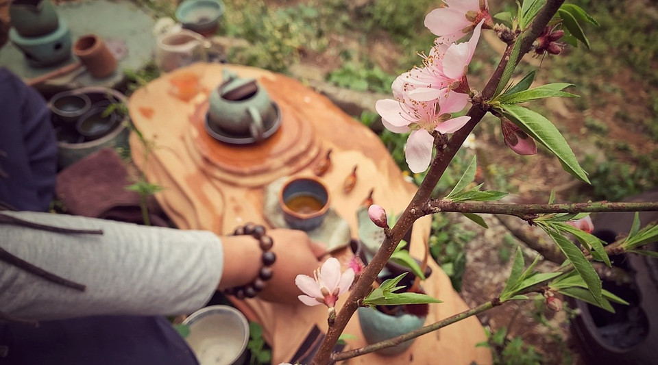 Cao Sơn nhìn ra ý nghĩa cuộc sống ngay trong sợi nước sôi rót xuống, những tôm trà đảo lộn, xoay vòng, ngụp lặn tựa mỗi đời người loay hoay tìm chỗ đứng trong đời, tìm cho mình những mối quan hệ, tìm nghĩa tình, bạn tâm giao... (Ảnh: Xuân Mai/Vietnam+)