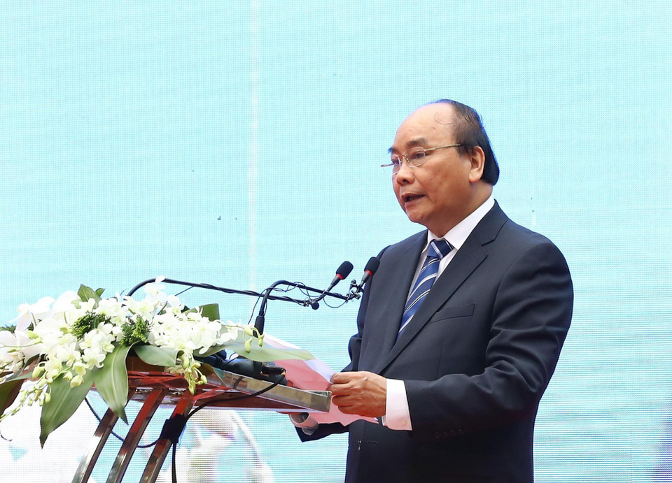 Thủ tướng Nguyễn Xuân Phúc phát biểu tại Lễ phát động Năm an toàn cho phụ nữ và trẻ em. (Ảnh: Thống Nhất/TTXVN)