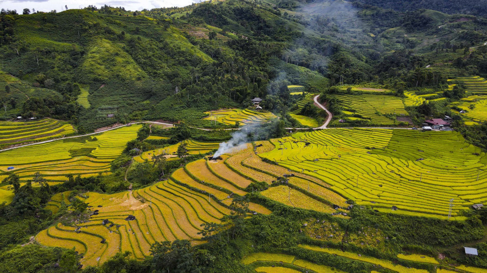 Vẻ đẹp hoang sơ của những thửa ruộng bậc thang ở Huổi Thanh. (Ảnh: Xuân Tư /TTXVN)
