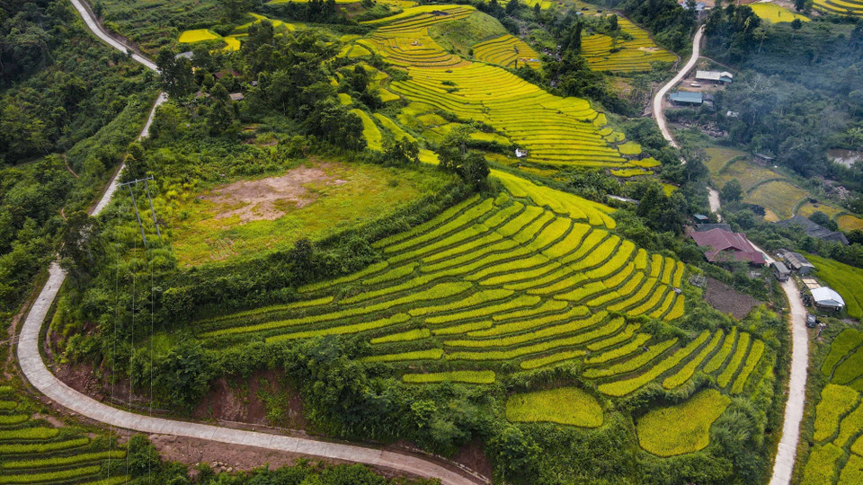 Những ngôi nhà nằm xen kẽ các thửa ruộng bậc thang. (Ảnh: Xuân Tư/TTXVN)