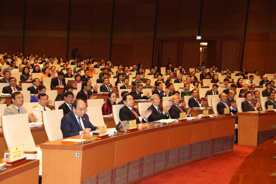 Các lãnh đạo, nguyên lãnh đạo Đảng và Nhà nước dự phiên khai mạc. (Ảnh: Trọng Đức/TTXVN)