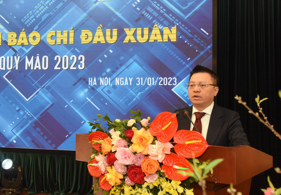 Ông Lê Quốc Minh, Phó Trưởng Ban Tuyên giáo Trung ương, Tổng Biên tập Báo Nhân Dân, Chủ tịch Hội Nhà báo Việt Nam phát biểu. (Ảnh: TTXVN)