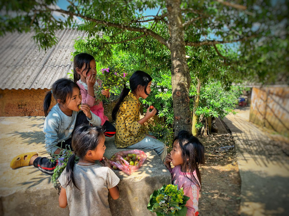 ...và thưởng thức món quà bất ngờ từ những người dân du lịch. (Ảnh: Xuân Mai/Vietnam+)