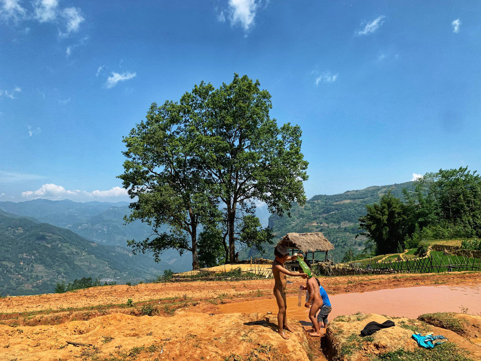 'Công viên Y Tý' là tên mà những người dân địa phương và khách du lịch ưu ái gọi khi tới khoảng đất trống nằm cuối con đường xuyên qua bản Choản Thèn. Nơi có 'túp lều tranh' lặng lẽ nằm dưới 2 bóng cây lớn cùng khoảng đất rộng ngay trước thung lũng ruộng bậc thang. (Ảnh: Xuân Mai/Vietnam+)
