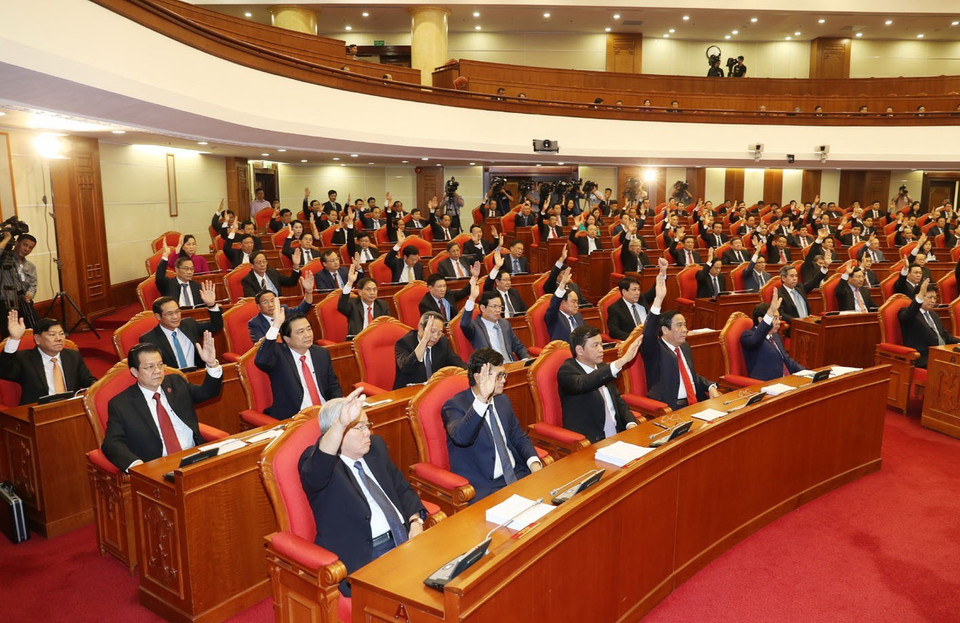 Các đồng chí lãnh đạo Đảng, Nhà nước và các đại biểu dự bế mạc Hội nghị. (Ảnh: Trí Dũng/TTXVN)