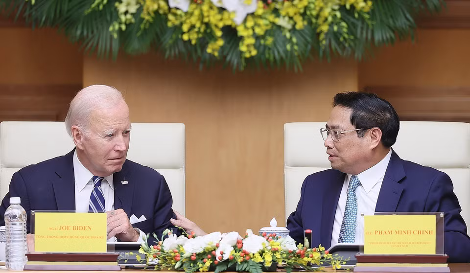 Thủ tướng Phạm Minh Chính và Tổng thống Joe Biden tại Hội nghị Cấp cao Việt Nam-Hoa Kỳ về Đổi mới Sáng tạo và Đầu tư. (Ảnh: Dương Giang/TTXVN)