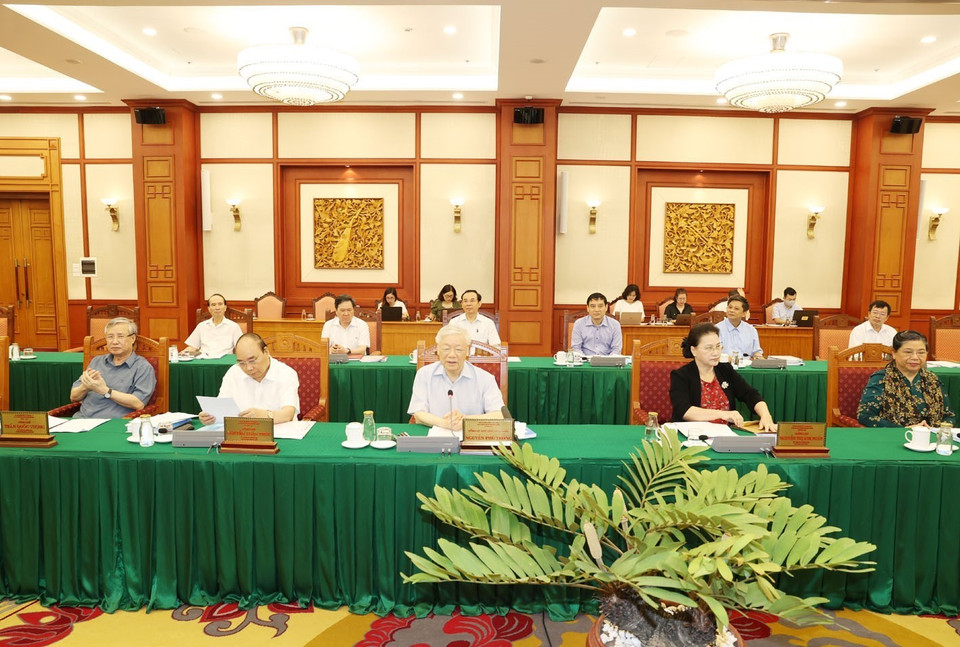 Tổng Bí thư, Chủ tịch nước Nguyễn Phú Trọng phát biểu chỉ đạo tại buổi làm việc với Ban Thường vụ Thành ủy Thành phố Hồ Chí Minh. (Ảnh: Trí Dũng/TTXVN)