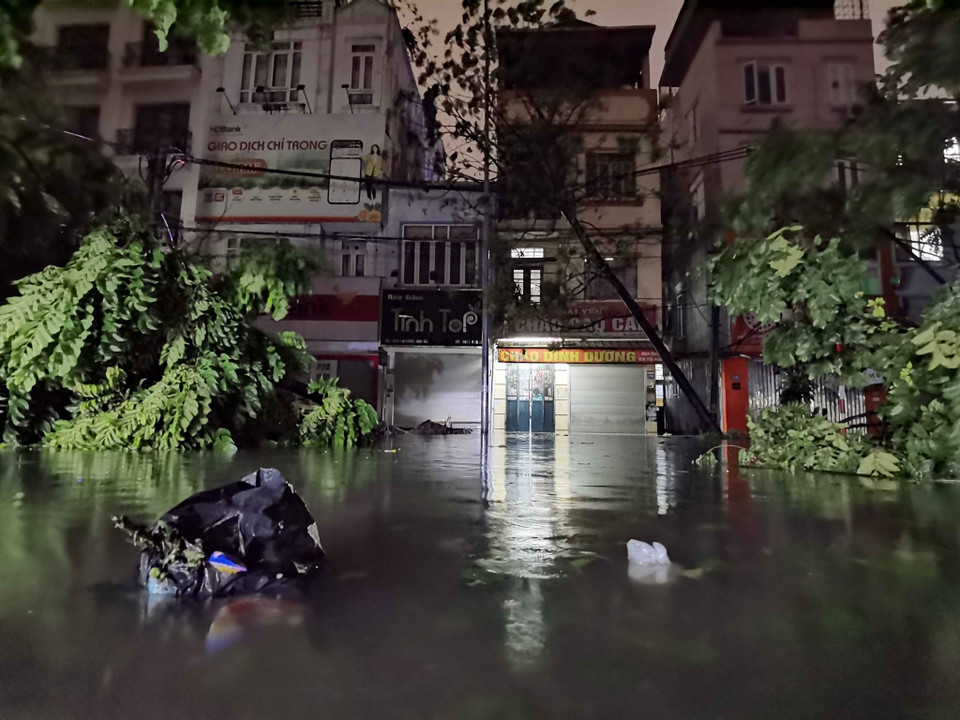 Bão số 3 đổ vào Hà Nội đã khiến cho hai hàng cây trên tuyến phố Dương Văn Bé (quận Hai Bà Trưng) đổ la liệt, cùng với nước ngập sâu tràn vào nhiều nhà dân. (Ảnh: Thanh Tùng/TTXVN)