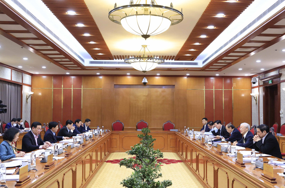 Tổng Bí thư Nguyễn Phú Trọng chủ trì họp Bộ Chính trị. (Ảnh: Thống Nhất/TTXVN)