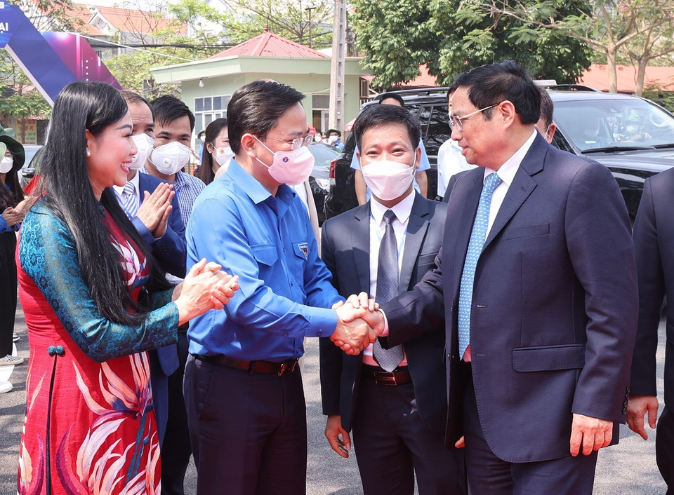 Thủ tướng Phạm Minh Chính đến dự Ngày hội Khởi nghiệp Quốc gia của học sinh, sinh viên lần thứ tư. (Ảnh: Dương Giang/TTXVN)