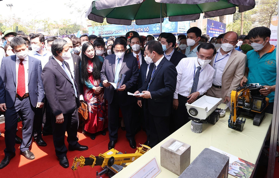 Thủ tướng Phạm Minh Chính đến dự Ngày hội Khởi nghiệp Quốc gia của học sinh, sinh viên. (Ảnh: Dương Giang/TTXVN)