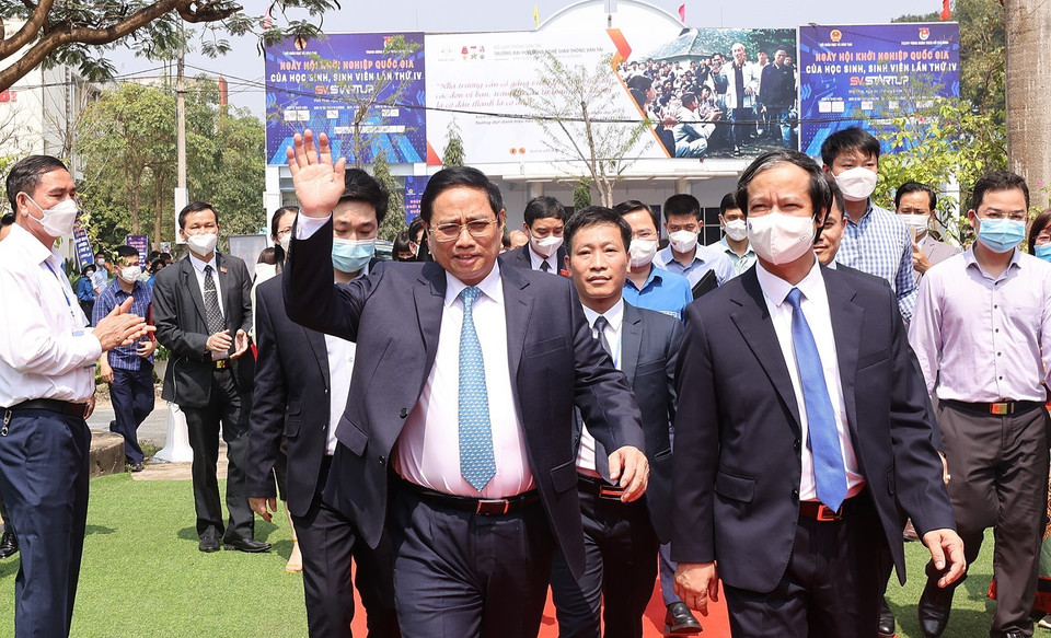 Thủ tướng Phạm Minh Chính đến dự Ngày hội Khởi nghiệp Quốc gia của học sinh, sinh viên lần thứ tư. (Ảnh: Dương Giang/TTXVN)