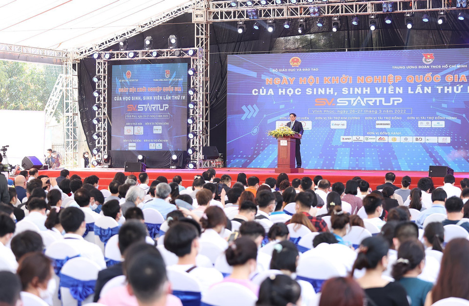 Thủ tướng Phạm Minh Chính phát biểu tại Ngày hội Khởi nghiệp Quốc gia của học sinh, sinh viên lần thứ tư. (Ảnh: Dương Giang/TTXVN)
