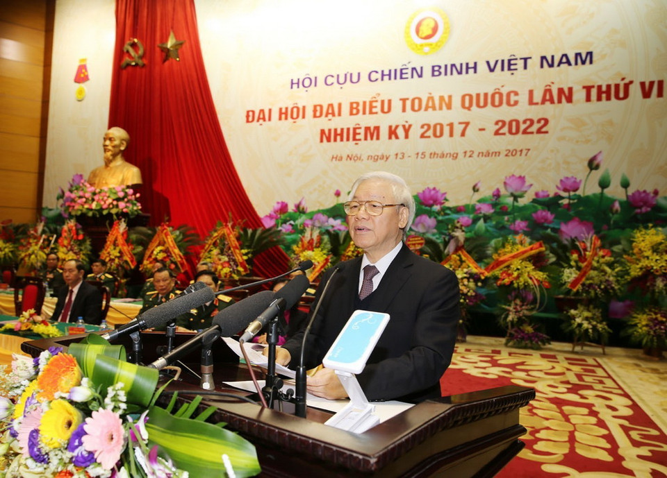 Tổng Bí thư Nguyễn Phú Trọng, Bí thư Quân ủy Trung ương phát biểu tại Đại hội Đại biểu toàn quốc Hội Cựu chiến binh Việt Nam. (Ảnh: Trí Dũng/TTXVN)